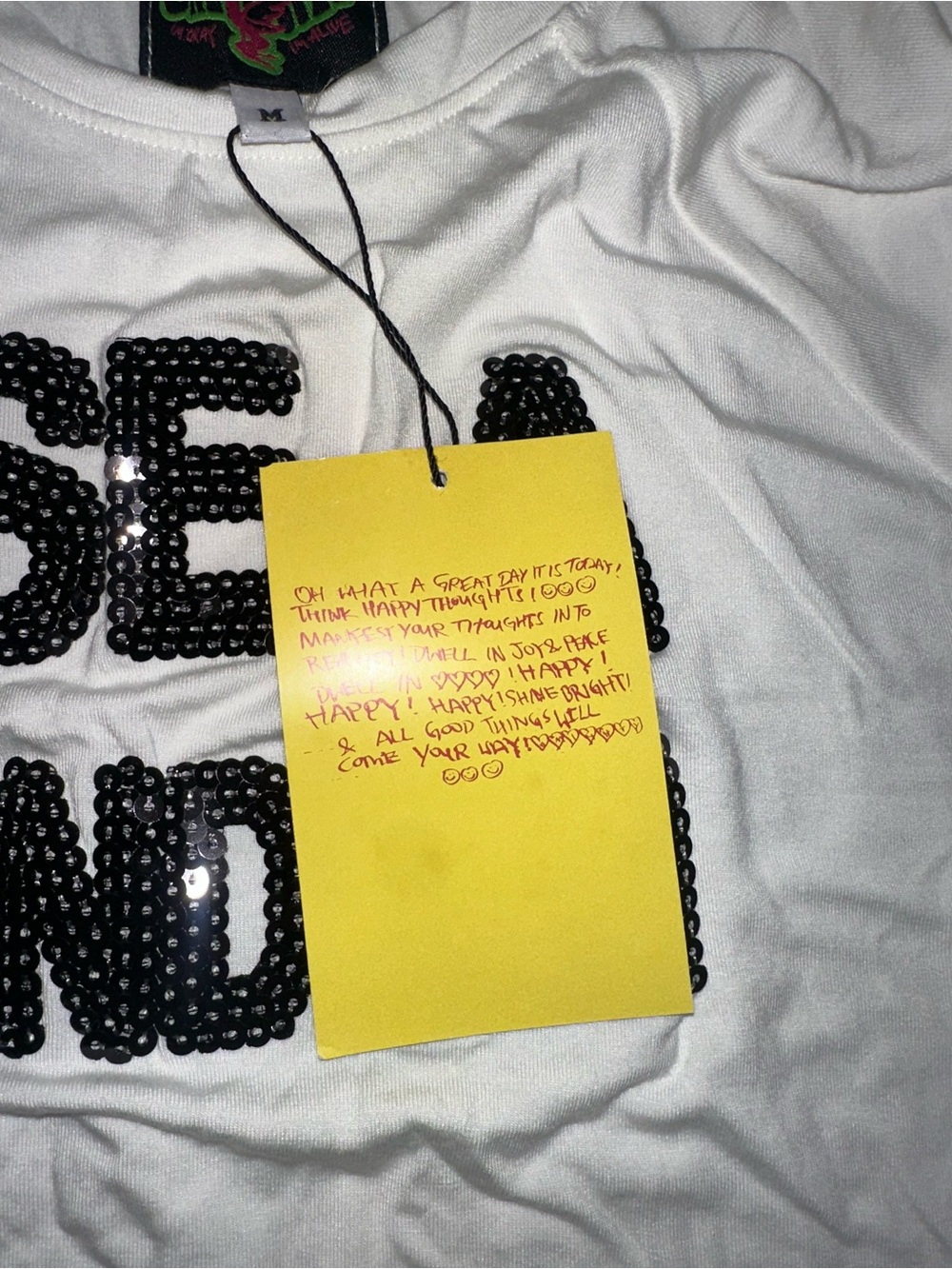 O mighty White Statement Tee with Black sequin Text - Picture 3 of 4